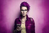 Young hipster woman with a phone studio lighting neutral background magenta colour copyspace, concept of Moody Portrait and Technology, created with Generative AI technology