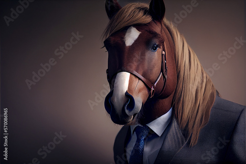Portrait of a pony horse dressed in a formal busine. High quality photo. Ai generated illustration.