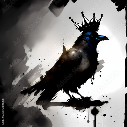 Logo icon, crow / raven in a crown, liquid ink and watercolor. Generative AI
