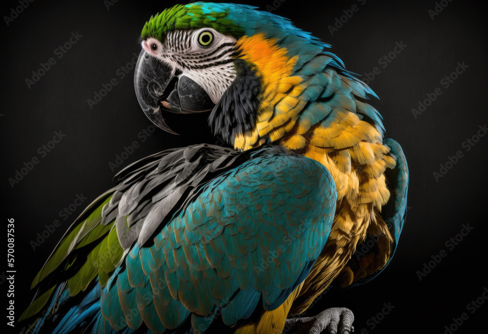 beautiful macaw parrot on black studio background ocreated with Generative AI technology beautiful macaw parrot on black studio background ocreated with Generative AI technology