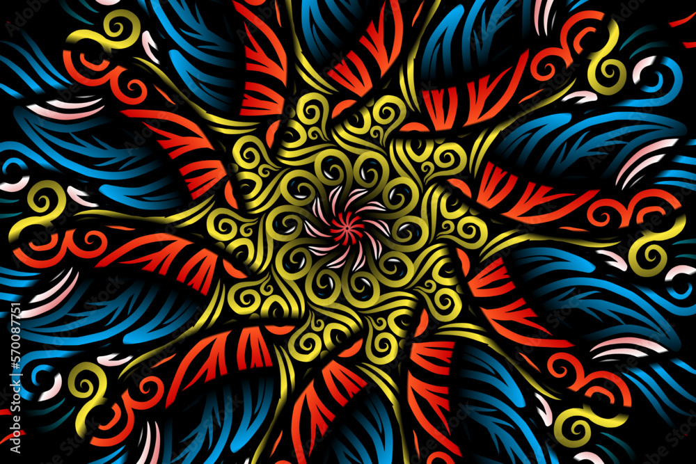 Fototapeta premium Beautiful caleidoscope symmetrical colourful gradient flowers line art of traditional abstract symbol batik dayak ornament design template elements