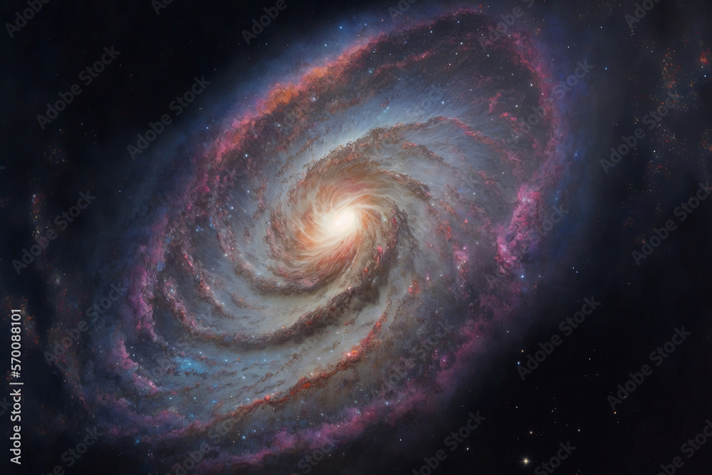 A view of the cosmos with a spiral galaxy and numerous stars in the foreground