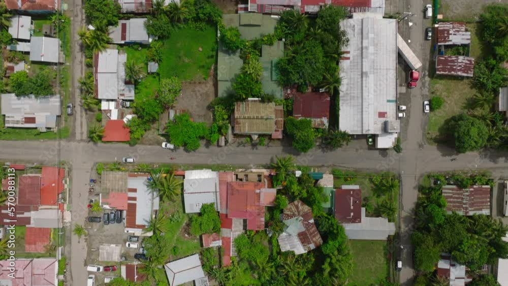 Top view of neighborhood in Puerto Viejo, Costa Rica. Drone flying over the districts of the famous and popular beach town. Top view of neighborhood in Puerto Viejo, Costa Rica. Drone flying over the districts of the famous and popular beach town.
