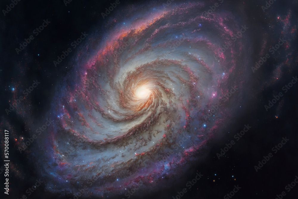 A view of the cosmos with a spiral galaxy and numerous stars in the foreground