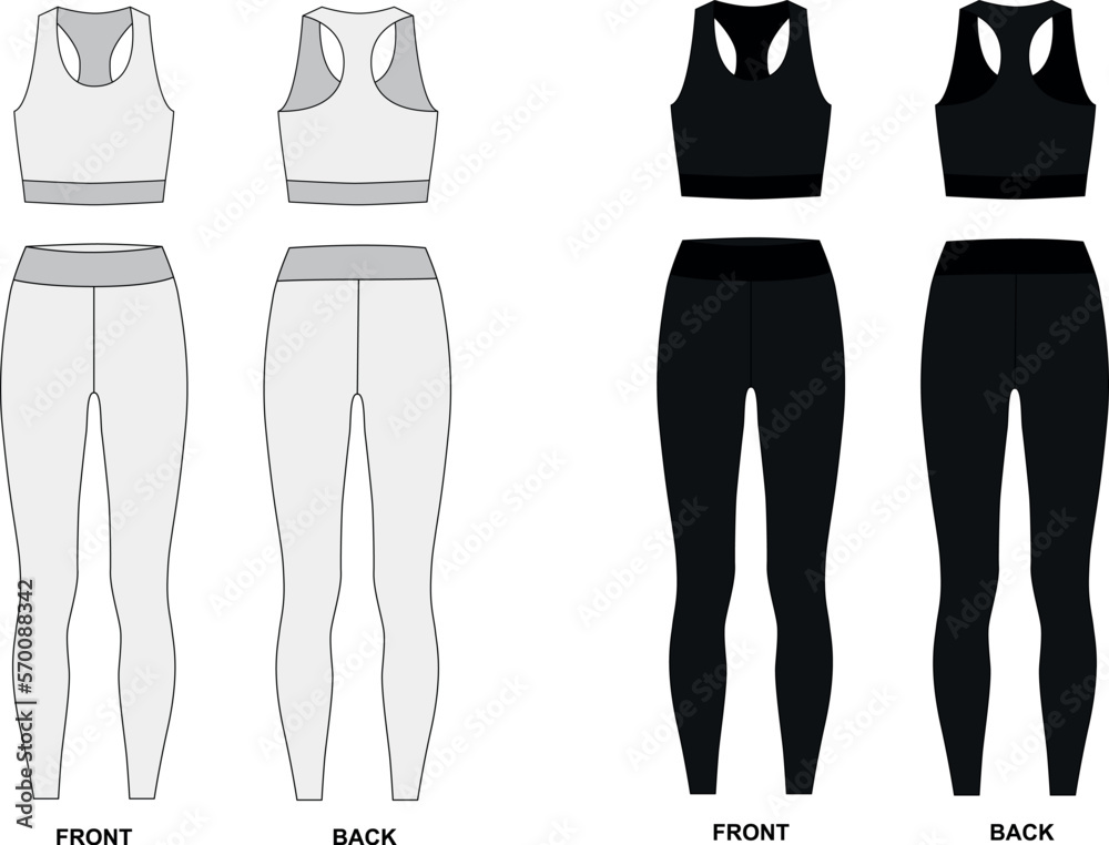 Vector set of women's sportswear for yoga, running, fitness. Vector drawing  of leggings and sports bra in black and white colors. Shapewear pattern  sketch front and back view. Stock Vector