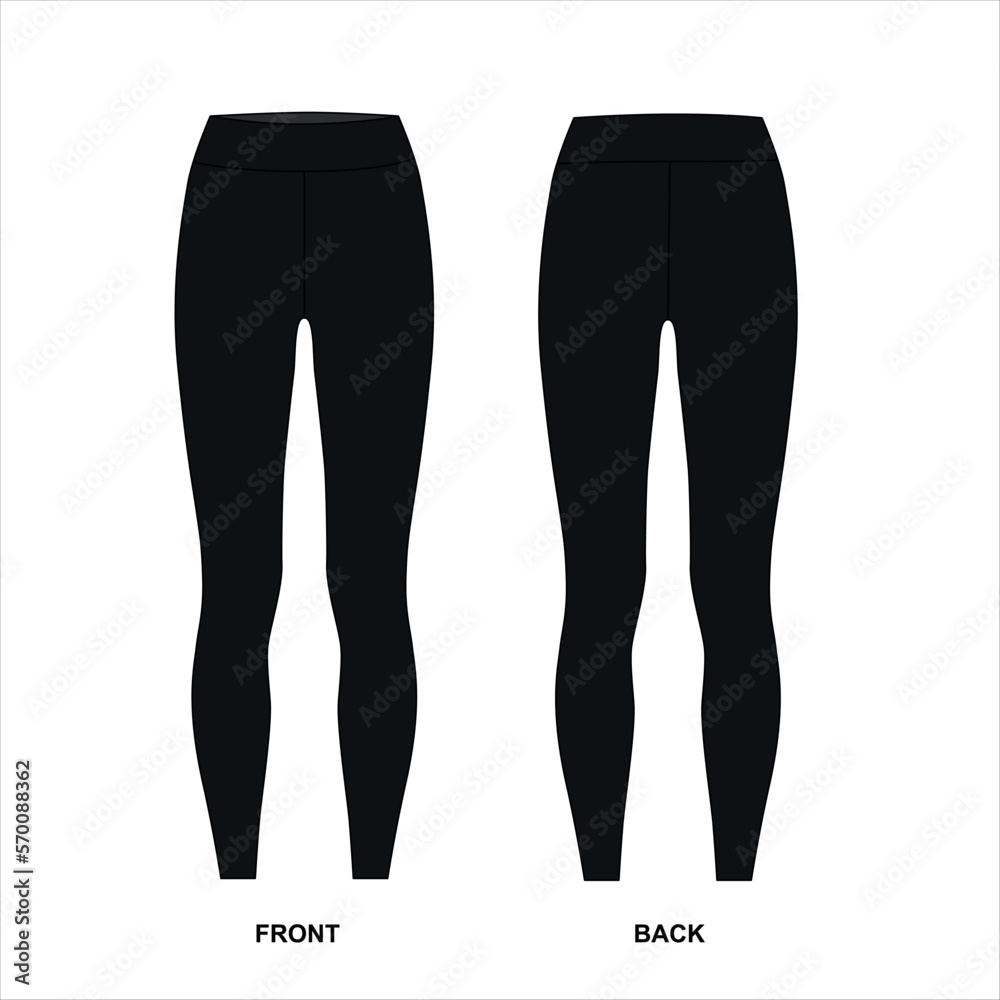 Vector illustration of black leggings. Leggings template front and back  view, vector. Shapewear for women, vector. Black sports pants for fitness,  yoga, running, etc. Stock Vector