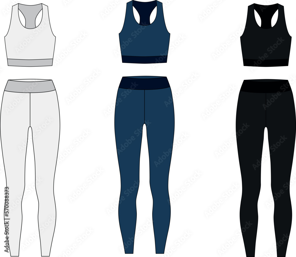 Vector set of drawings of women's sportswear fitting the body. Outline  vector template of long leggings