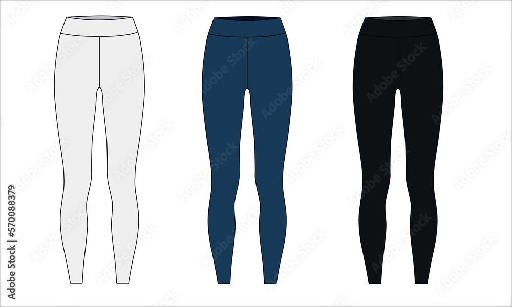 Vector set of drawings of leggings in white, blue, black colors. Sketch of women's sweatpants on a white background, vector. Leggings template for sports - fitness, running, Pilates, yoga, etc. Vector set of drawings of leggings in white, blue, black colors. Sketch of women's sweatpants on a white background, vector. Leggings template for sports - fitness, running, Pilates, yoga, etc.