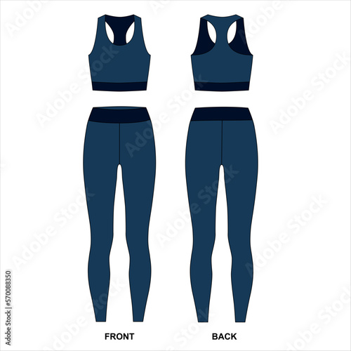Vector drawing of women's leggings and top in blue. Outline vector template of long leggings and sports bra, front and back view. Sketch leggings and bras for sports - jogging, fitness, yoga, Pilates