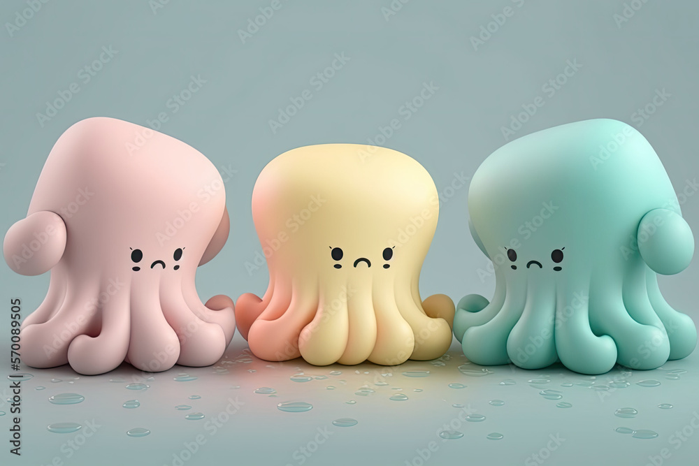 3d render of cute funny octopuses squids in pastel colors on neutral background, generative ai illustration 3d render of cute funny octopuses squids in pastel colors on neutral background, generative ai illustration