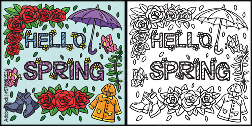 Hello Spring Coloring Page Colored Illustration