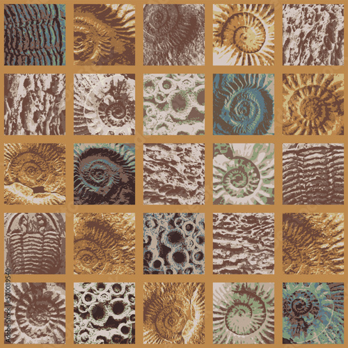 vector abstact seamless pattern background with sea stone texture with imprints of ancient ammonite shells. Suitable for wallpaper design, wrapping paper, fabric, ceramic tiles