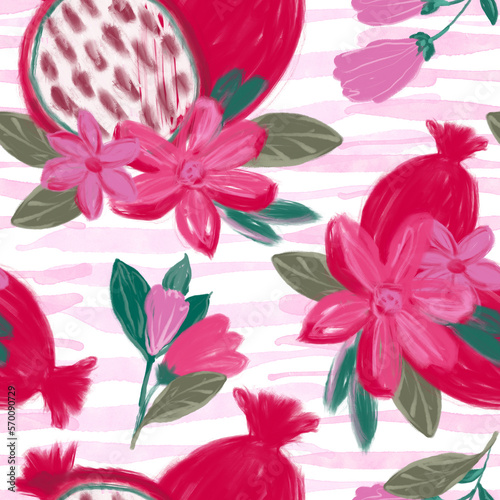 Fototapeta Naklejka Na Ścianę i Meble -  Floral abstract pomegranate trendy seamless pattern magenta flower. Flower seamless background. Pink flowers and green leaves illustrations. Abstract summer art drawing. Botanical seamless pattern.