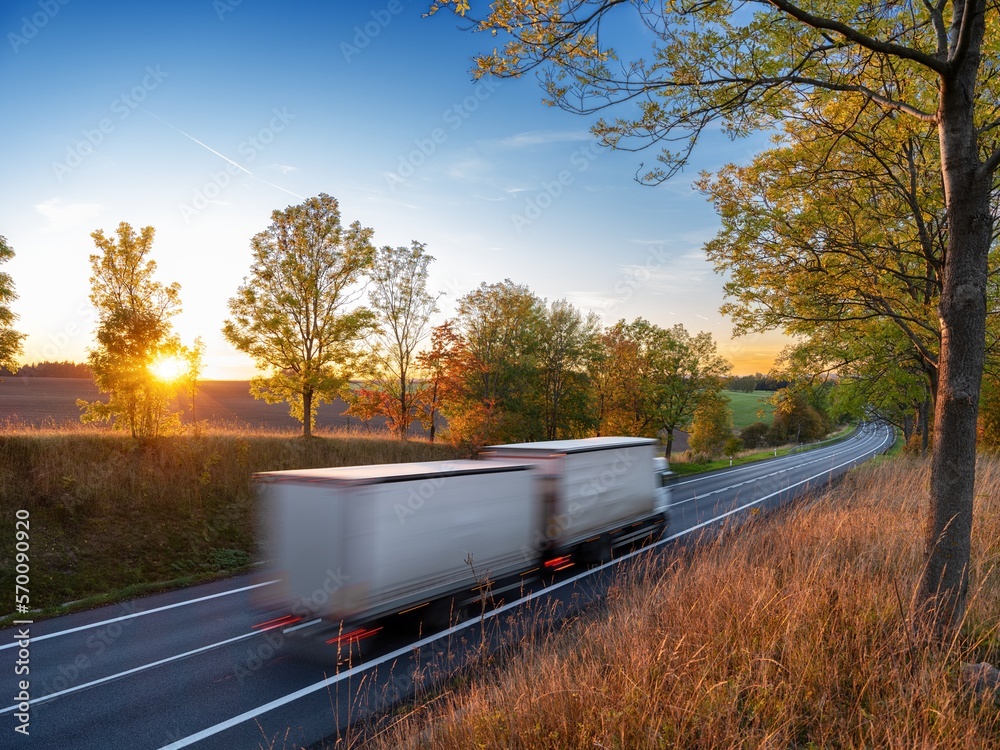 Motion blurred delivery van on asphalt road under the alley of trees in a rural landscape in autumn colors at sunset
