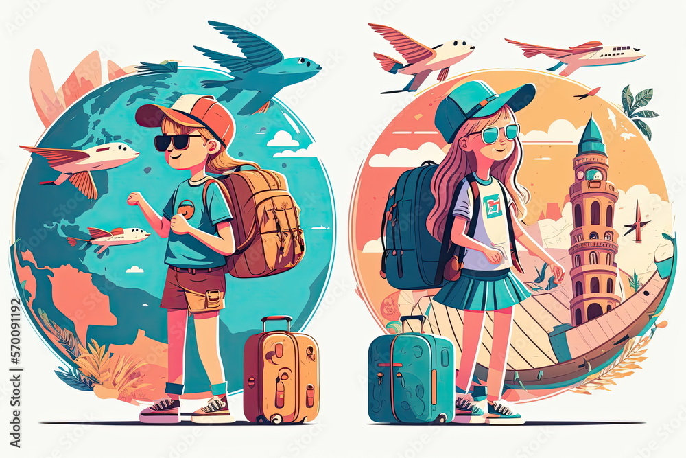 tourists and travelers, happy character, lover with backpacks, luggage, map and photo cameras, travel around the world, honeymoon, Made by AI,Artificial intelligence