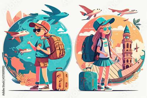 tourists and travelers, happy character, lover with backpacks, luggage, map and photo cameras, travel around the world, honeymoon, Made by AI,Artificial intelligence © waranyu