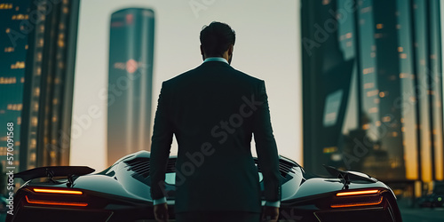  Man in suit standing by the supercar, concept of a successful businessman. digital ai art photo