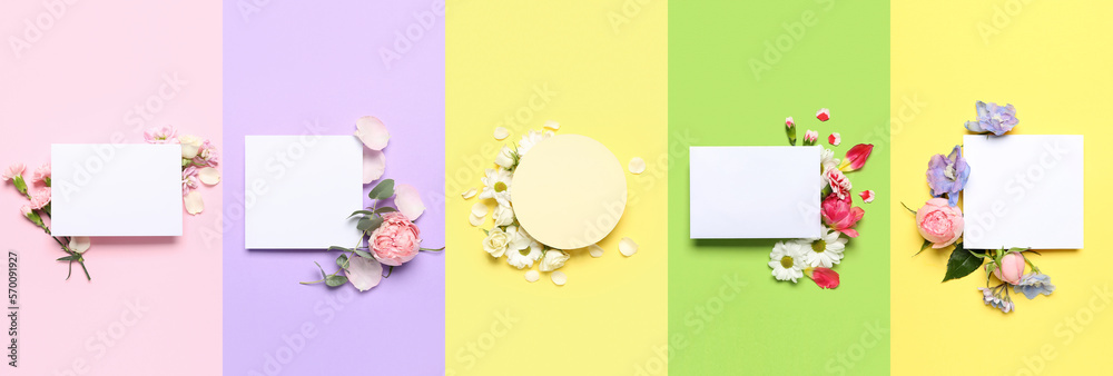 Set of blank cards with flowers on colorful background