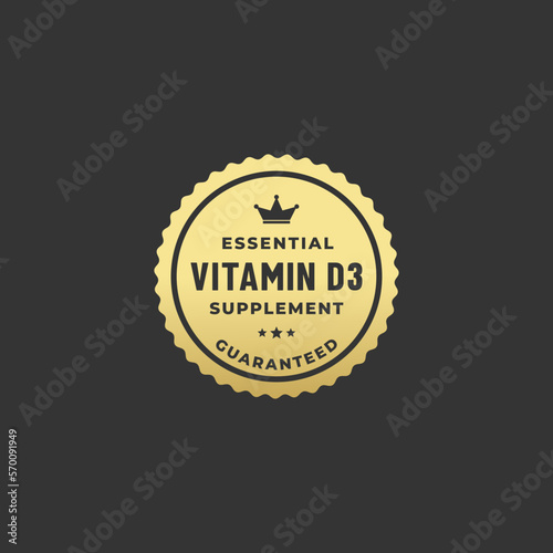 Essential Vitamin D3 Seal or Vitamin D3 Label Vector Isolated On Black Background. Best Vitamin D3 label for any product. The Best Elegant Vitamin D3 Seal For packaging design.
