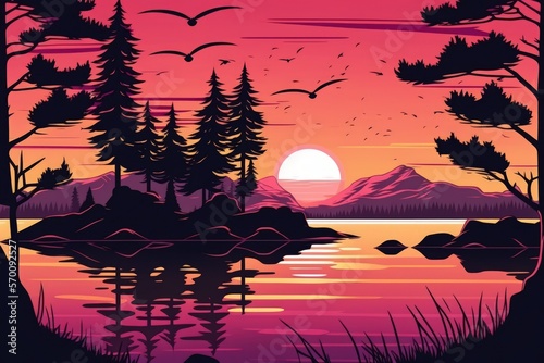 sunset over the lake with a pink sky and its lovely reflection. Generative AI