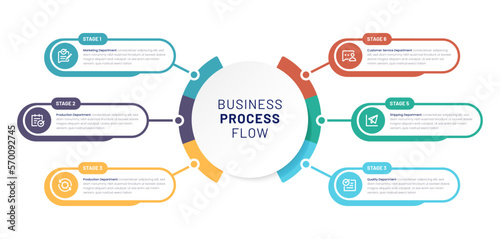 Infographic six steps. Visual Business Solutions Professional Infographic Template for Online Platforms