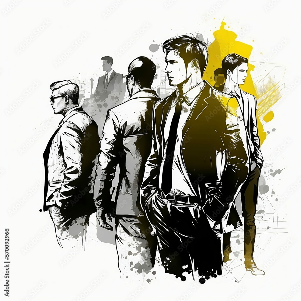 Illustration of project teams, company, innovation, in suit, black and white pop color, design Illustration of project teams, company, innovation, in suit, black and white pop color, design