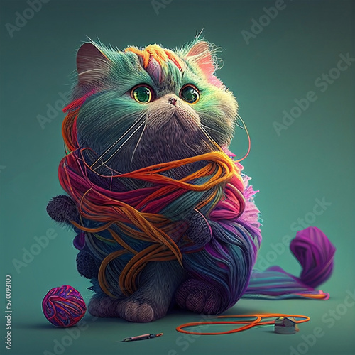 Kitten playing ball of yarn - adorable pet photography - AI Generated