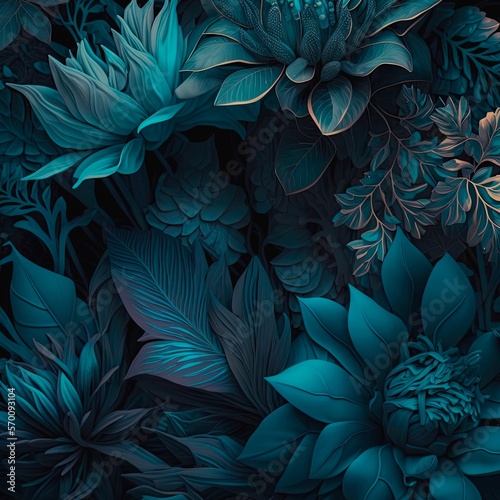 Monochrome art of different beautiful blue flowers and fresh leaves as design for cover, card, wallpaper or background. Summer flowers, monocolor art in blue tones.