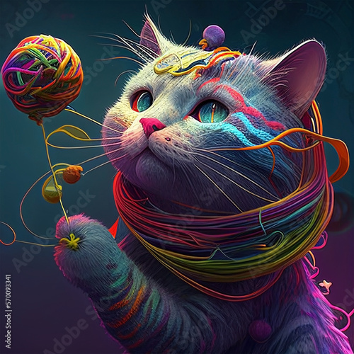 Rainbow cat with a ball of string - Whimsical character - AI Generated