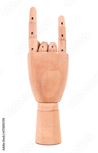 Decorative wooden hand showing "devil horns" on white background