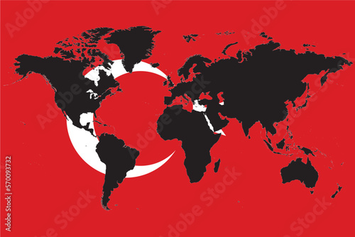 Black colored World map on flag of Turkey