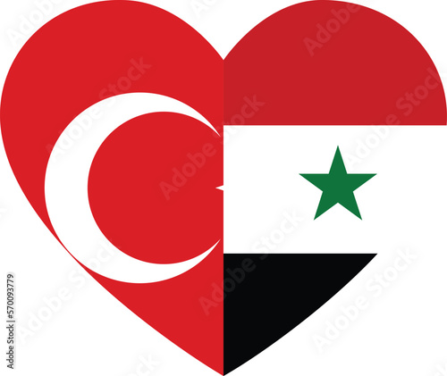 Flag of Turkey and Syria within heart shape - half of flags of both countries put into one flag