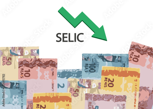 Change in Selic rate, arrow showing decreasing – Basic interest tax at Brazil. Brazil public and private banks use rate 