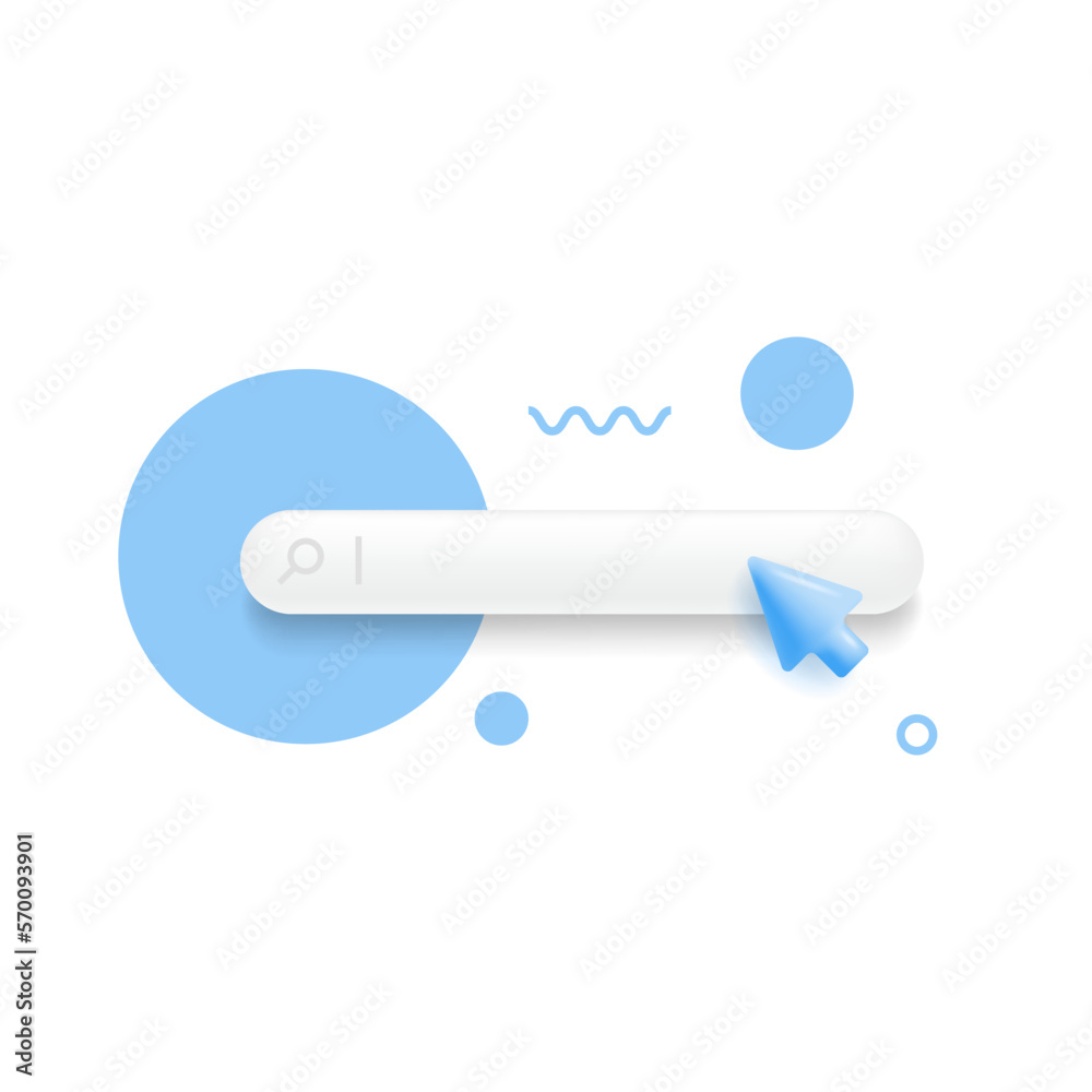 3d search bar template for website. Navigation search for web browser. 3d arrow mouse cursor. Ask question template banner. Support FAQ information web bar. Vector