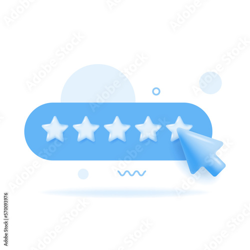 Five stars, glossy blue colors. Click button Customer rating feedback concept from the client about employee of website. Realistic 3d design of the object. For mobile applications.