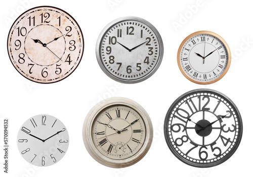 Set of modern and vintage clocks on white background