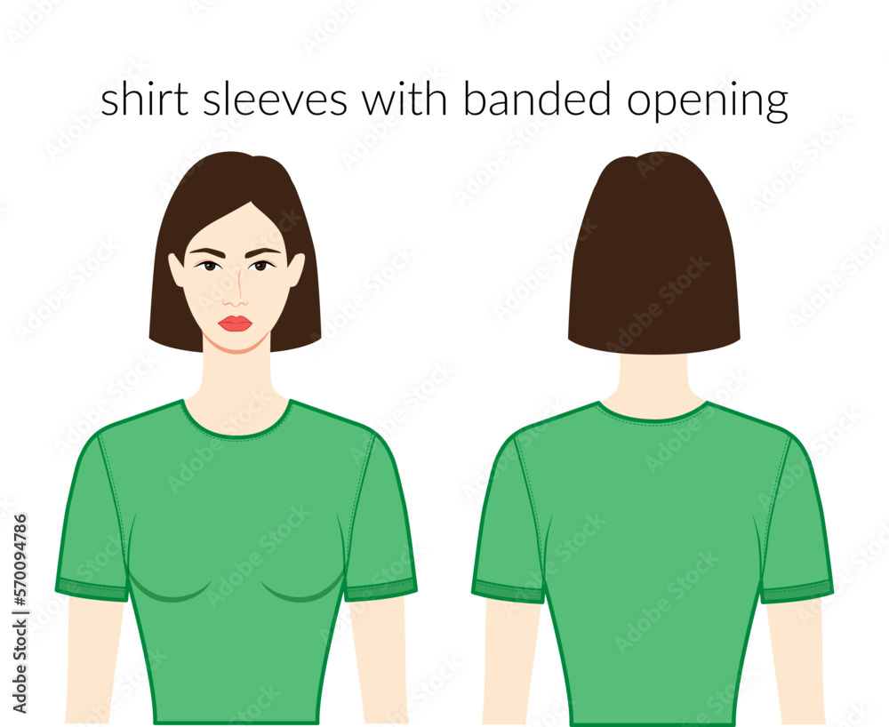 Shirt sleeves short length clothes character beautiful lady in green top, dress technical fashion illustration with fitted body. Flat apparel template front, back sides. Women, men unisex CAD mockup Shirt sleeves short length clothes character beautiful lady in green top, dress technical fashion illustration with fitted body. Flat apparel template front, back sides. Women, men unisex CAD mockup