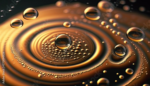 Abstract water ripples and rings. Water surface tension drops and droplets. Flowing wave of liquid. Texture orange Background.