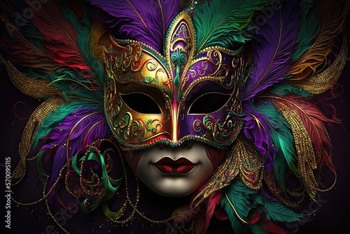 carnival mask with feathers. Colorful Mardi Gras masquerade mask with detailed ornamentation. Abstract costume. Purple and green. © Fox Ave Designs