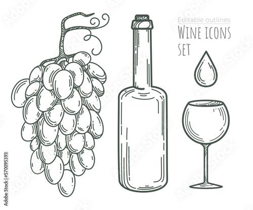 Vector wine set of line elements with editable outlines. Grape bunch, glass bottle, high-stemmed glass, drink drop on white background. Artistic decorative sketches for cafe menu layout design.