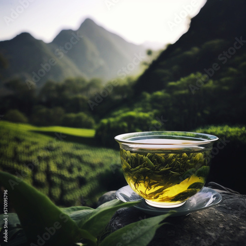 Chinese Longjing tea is brewing in the water cup