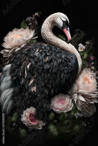 Fototapeta Naklejka Na Ścianę i Meble -  Wild Bird Swan, pink flowers. Digital art AI