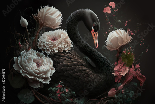 Fototapeta Naklejka Na Ścianę i Meble -  Black swan, flowers. Digital art AI