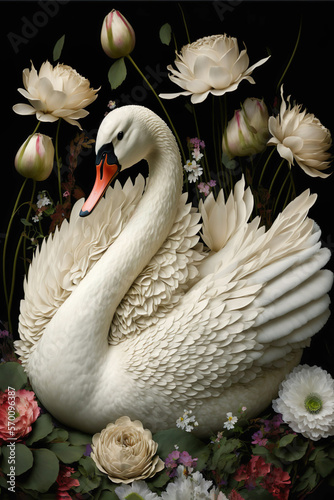 Cuadro en lienzo Wild Bird White Swan, flowers. Digital art AI