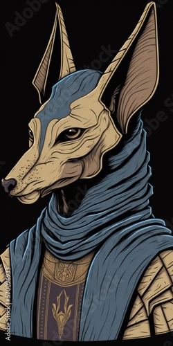 isolated bust of a hooded, jackal like creature. Anubis, a god of the ancient Egyptians, is depicted in line art as the scales' protector on the trial of Osiris in the kingdom of the dead. Generative photo