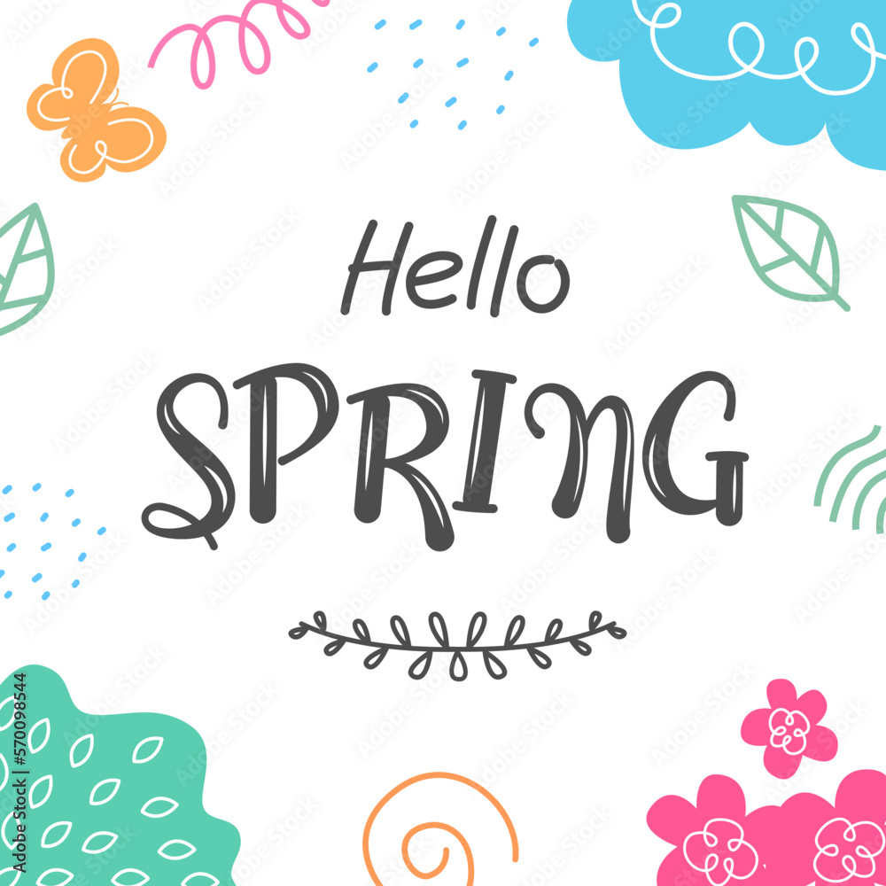 Template for posting social media in spring. Colorful cute elements on white background.