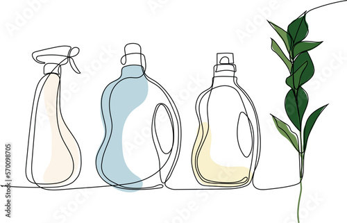 Continuous one line drawing of bottles for liquid laundry detergent, bleach, fabric softener, dishwashing liquid or another cleaning agent. Easy to place your text and brand logo. Vector illustration
