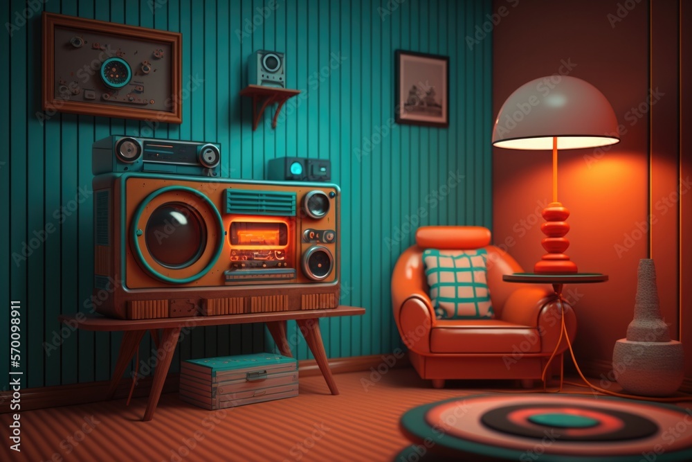 Naklejka premium lo-fi retro living room, vintage concept, chill anime interior, generative ai