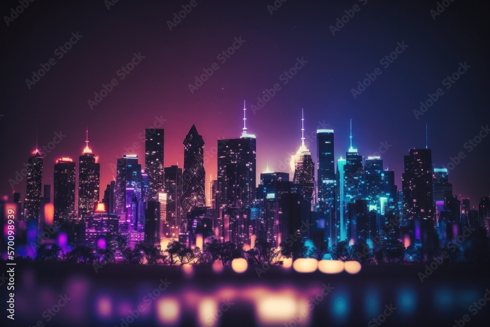 Obraz premium futuristic city skyline, neon city background, generative ai