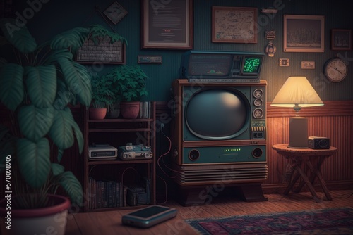 lo-fi retro living room, vintage concept, chill anime interior, generative ai